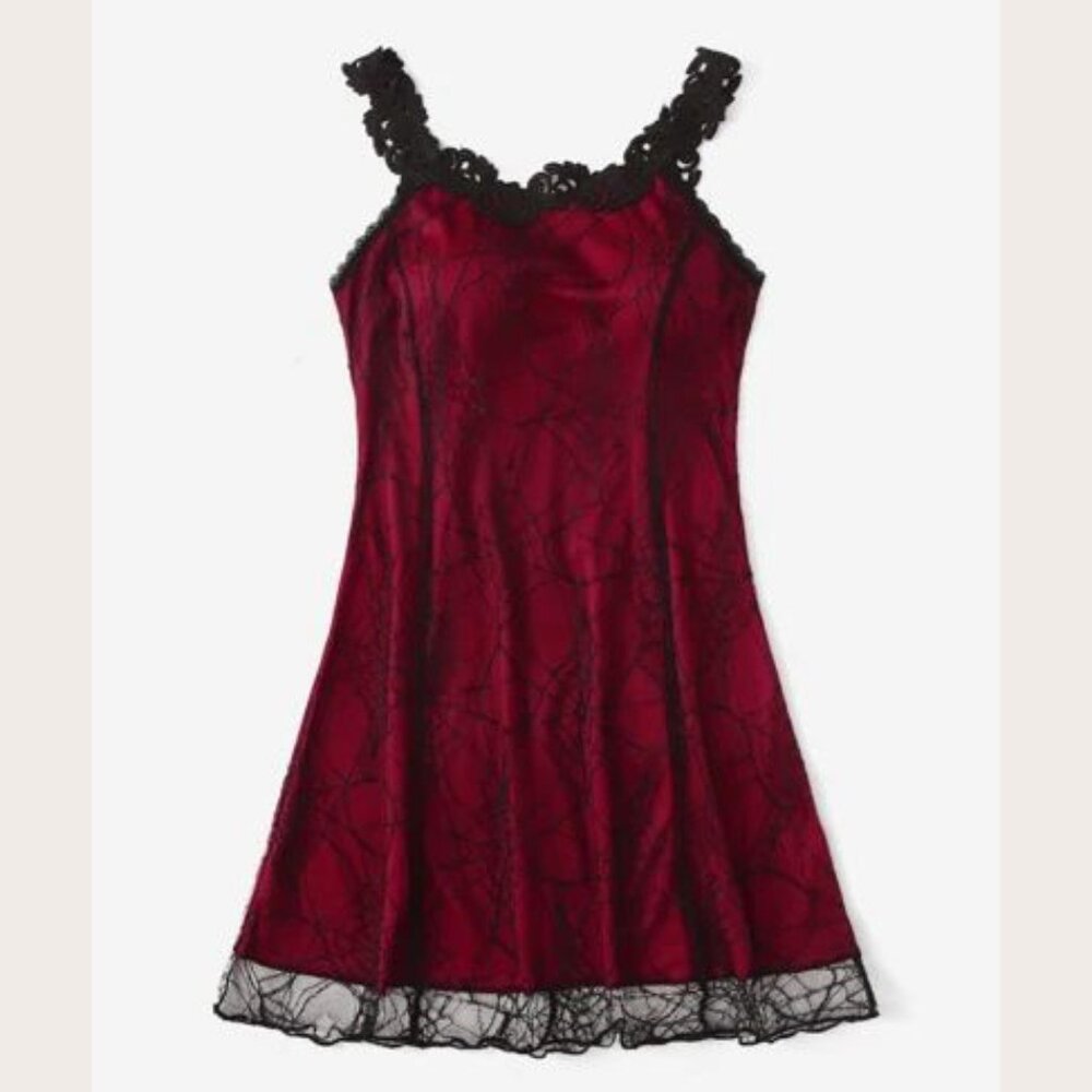 Elegant Black and S Red spider web dress Lace  nwt